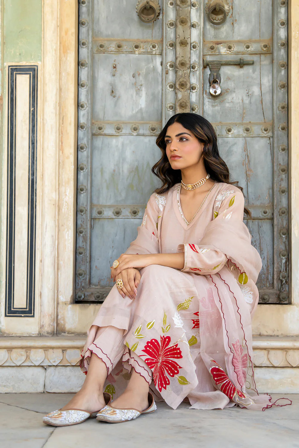 Beige Appliqué Floral A-line Kurta Set