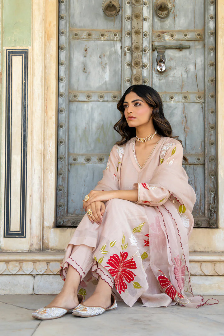 Beige Appliqué Floral A-line Kurta Set