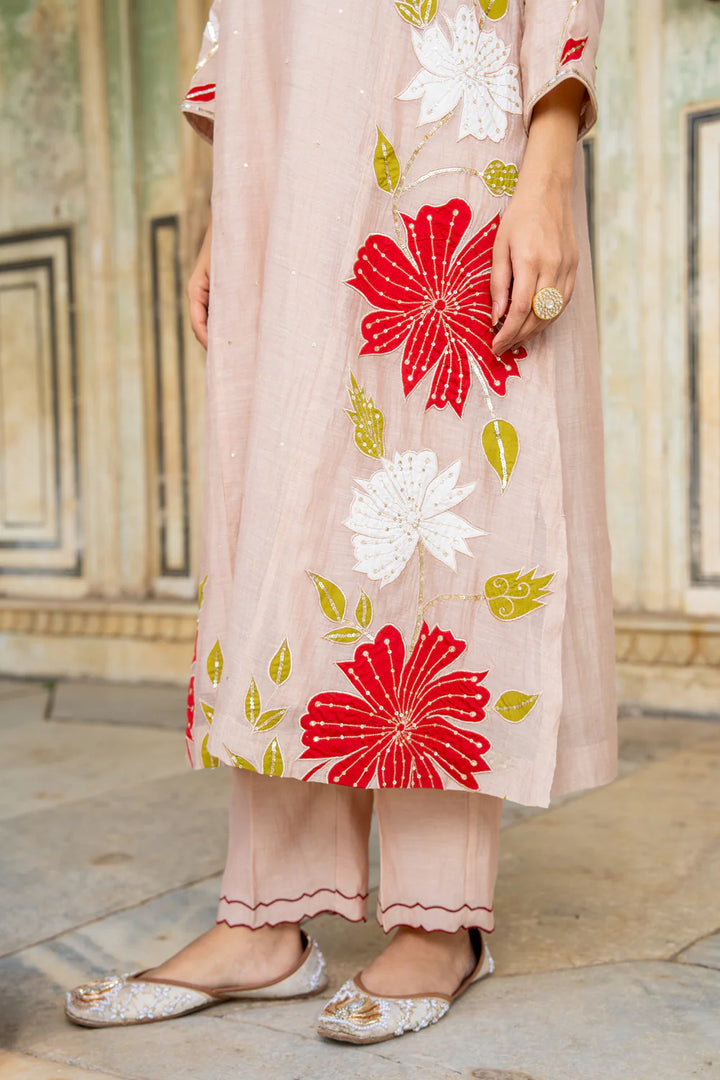 Beige Appliqué Floral A-line Kurta Set