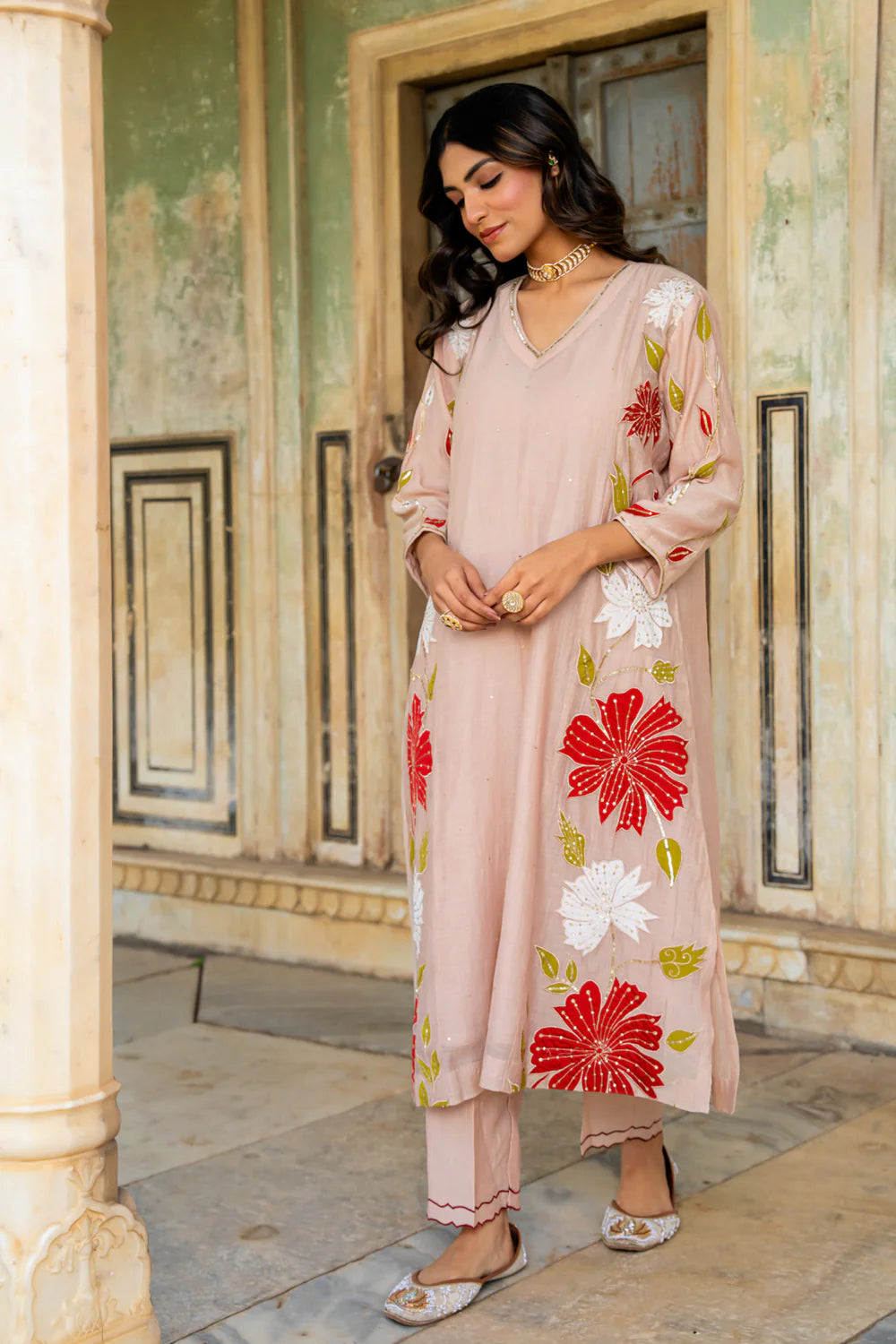 Beige Appliqué Floral A-line Kurta Set