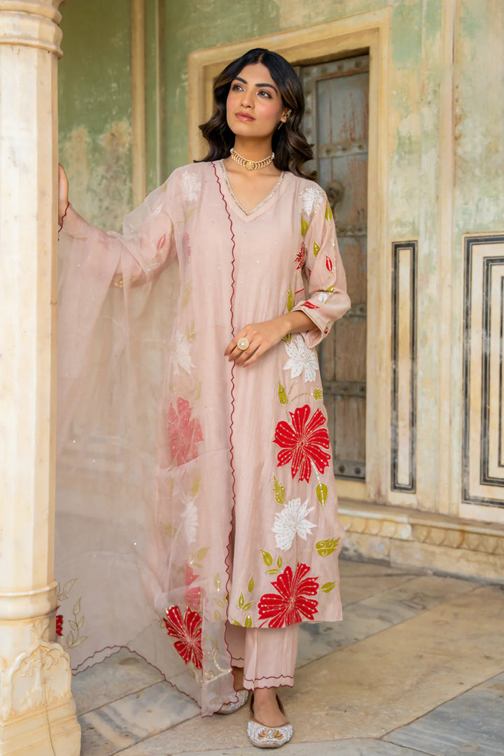 Beige Appliqué Floral A-line Kurta Set