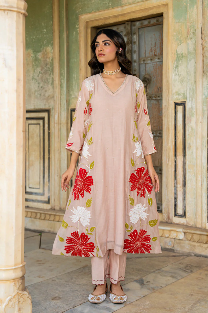 Beige Appliqué Floral A-line Kurta Set