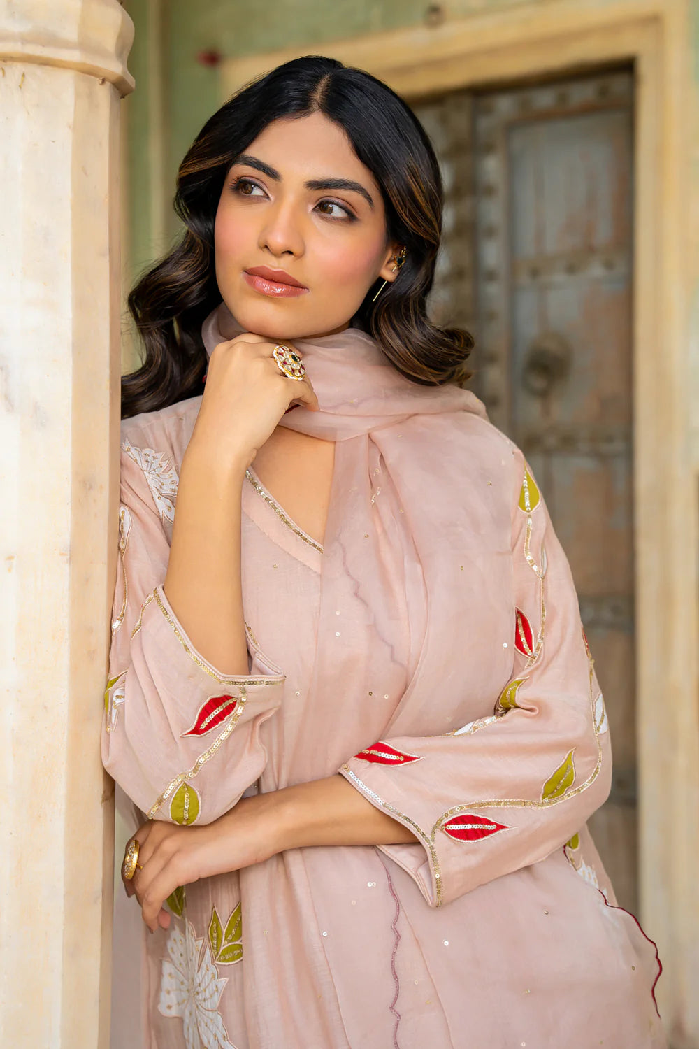 Beige Appliqué Floral A-line Kurta Set