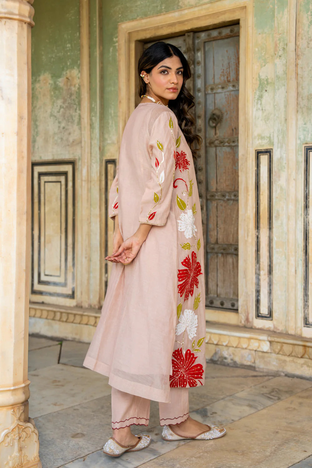 Beige Appliqué Floral A-line Kurta Set