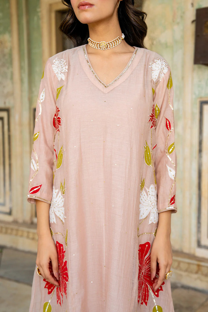 Beige Appliqué Floral A-line Kurta Set
