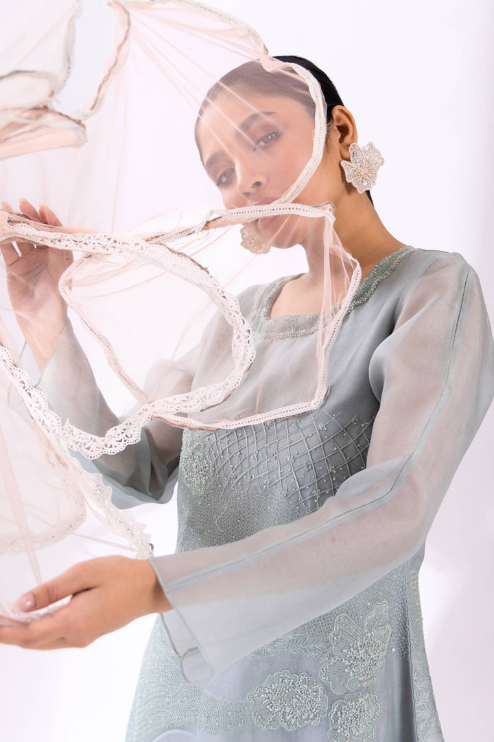 Blue A-line Organza Kurta With Pant