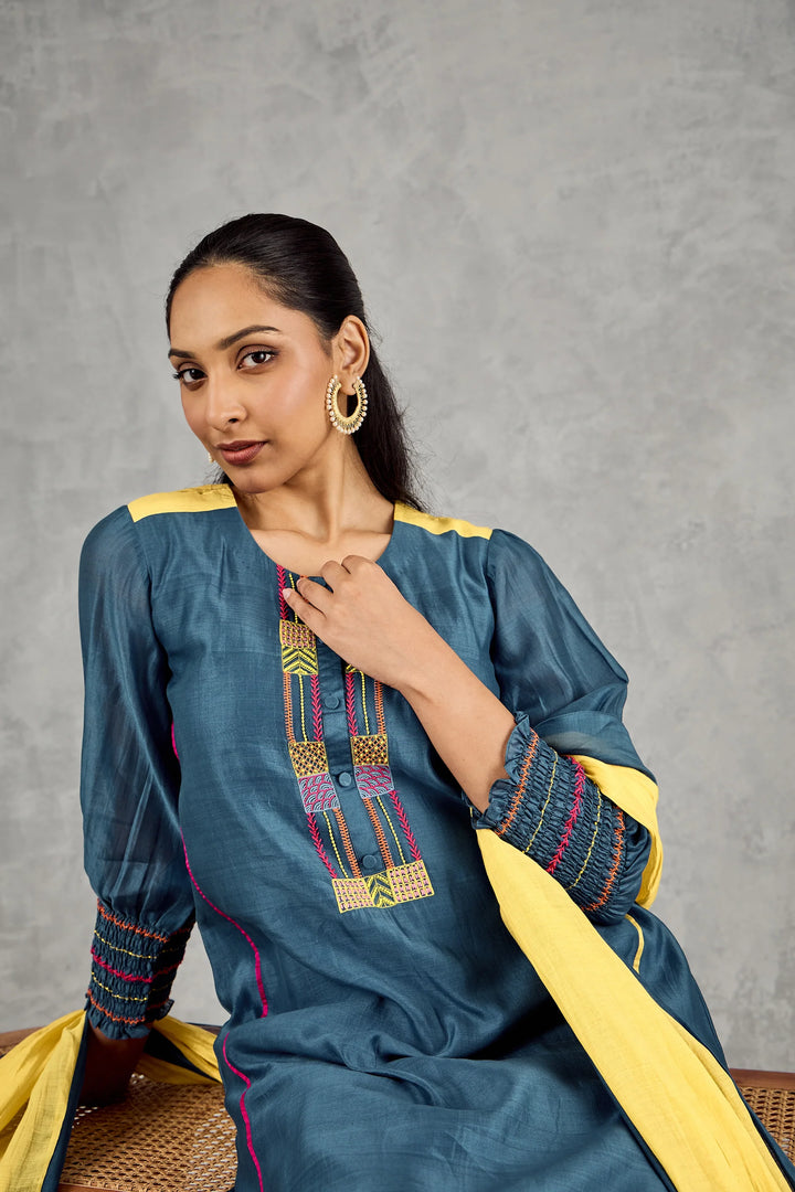 Blue Bead Embroidery Kurta Set