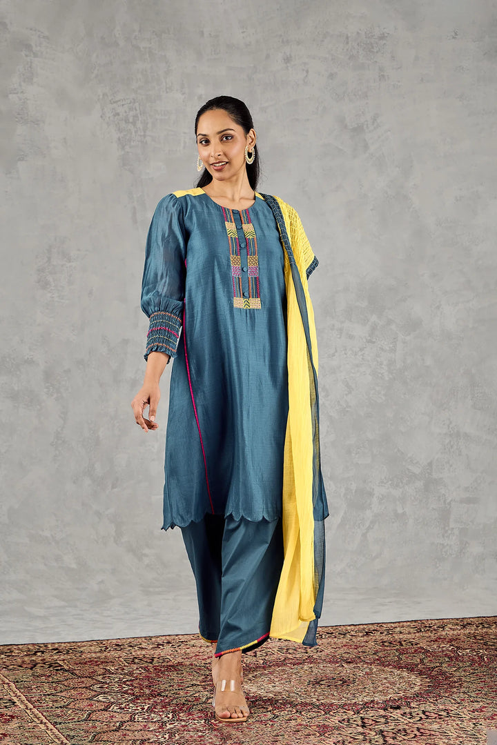 Blue Bead Embroidery Kurta Set