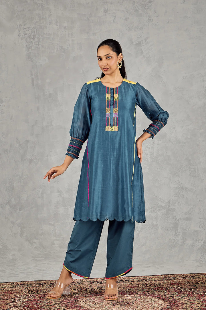 Blue Bead Embroidery Kurta Set