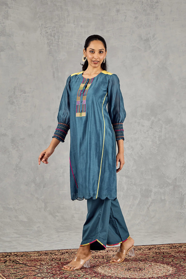 Blue Bead Embroidery Kurta Set