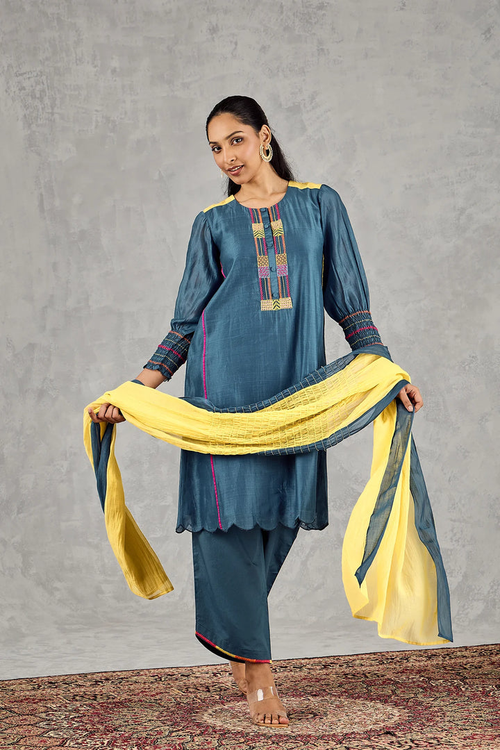 Blue Bead Embroidery Kurta Set