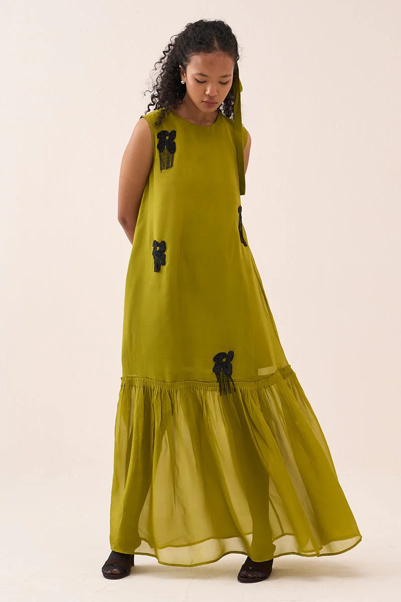 Beaded Sleeveless Bottom Frill Dress