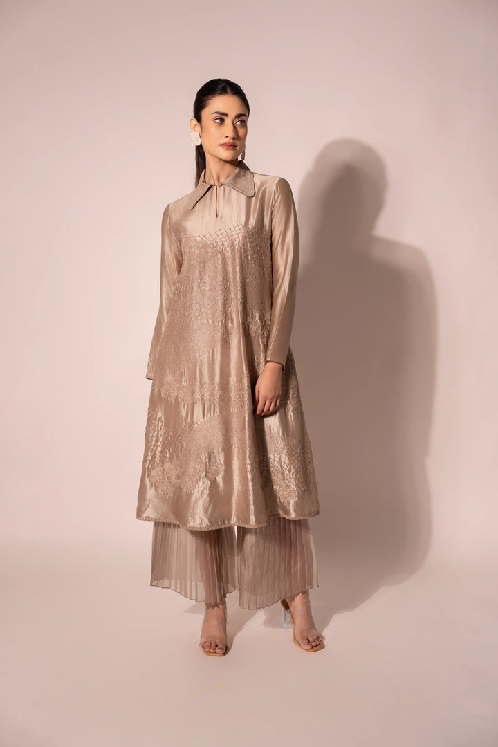 Beige WaveBorne Silk Collar Kurta With Pant