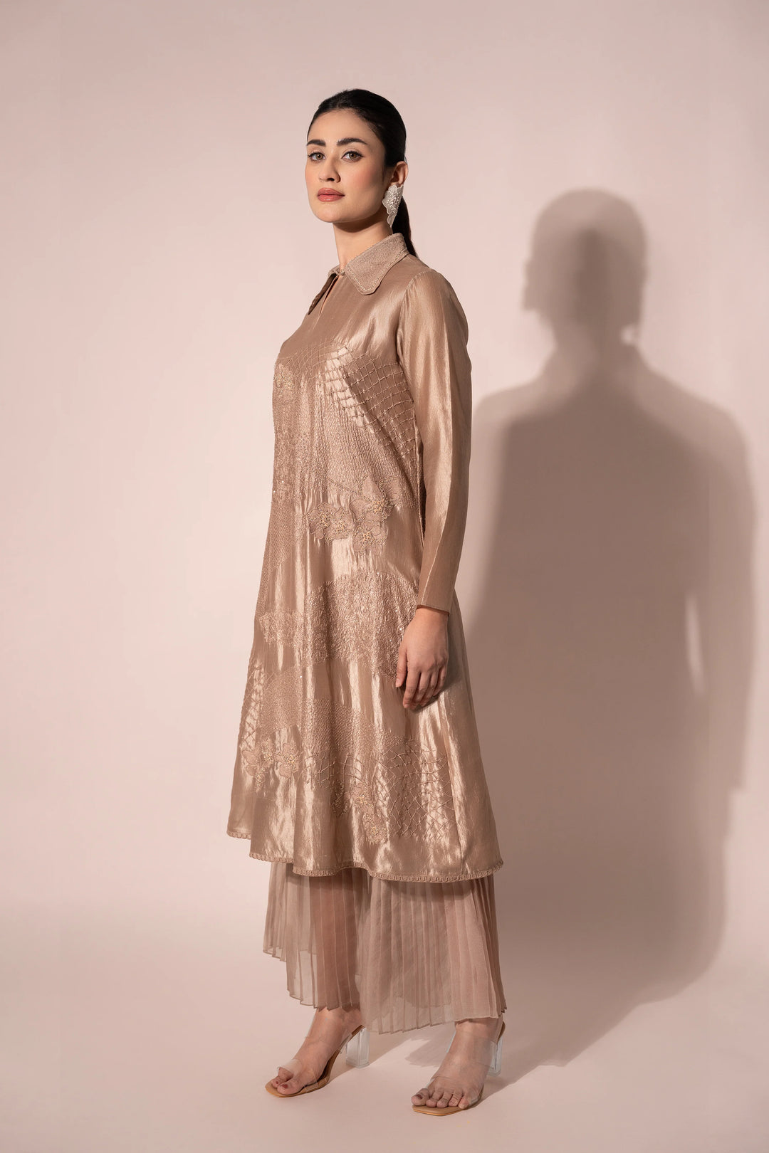 Beige WaveBorne Silk Collar Kurta With Pant