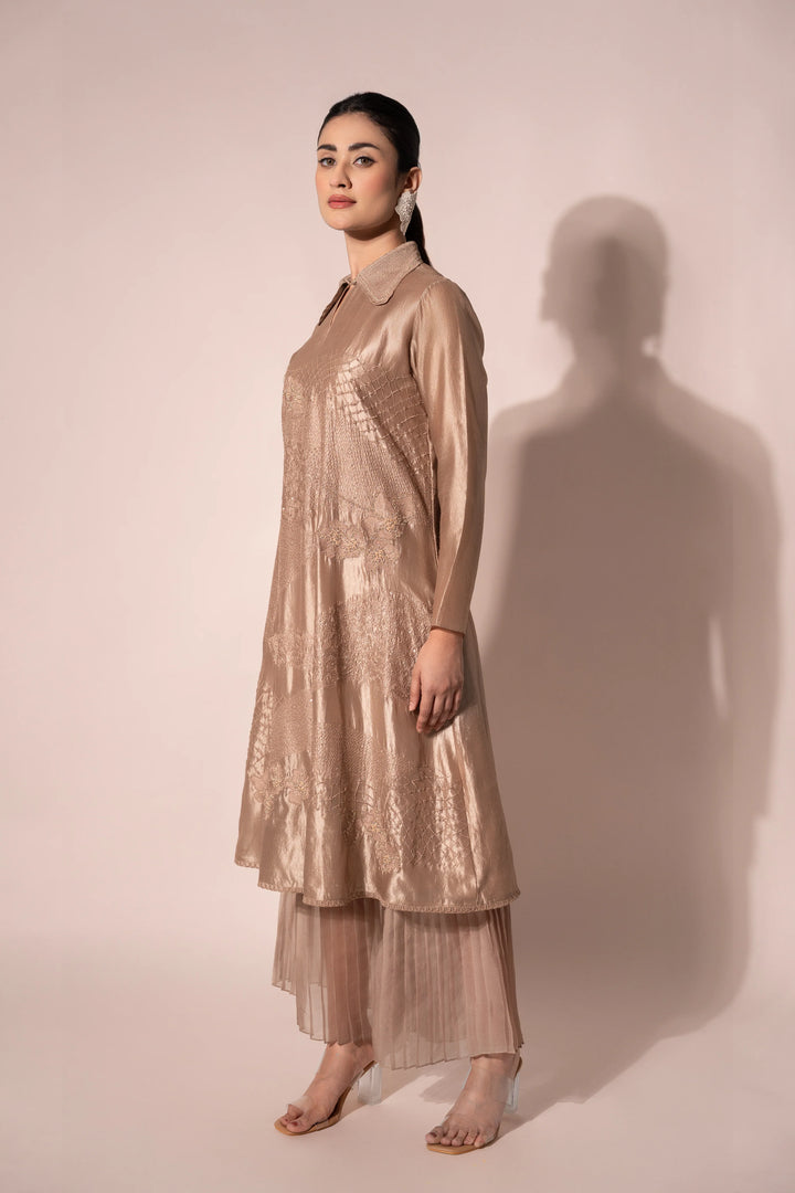 Beige WaveBorne Silk Collar Kurta With Pant
