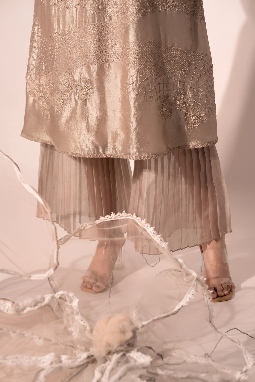 Beige WaveBorne Silk Collar Kurta With Pant