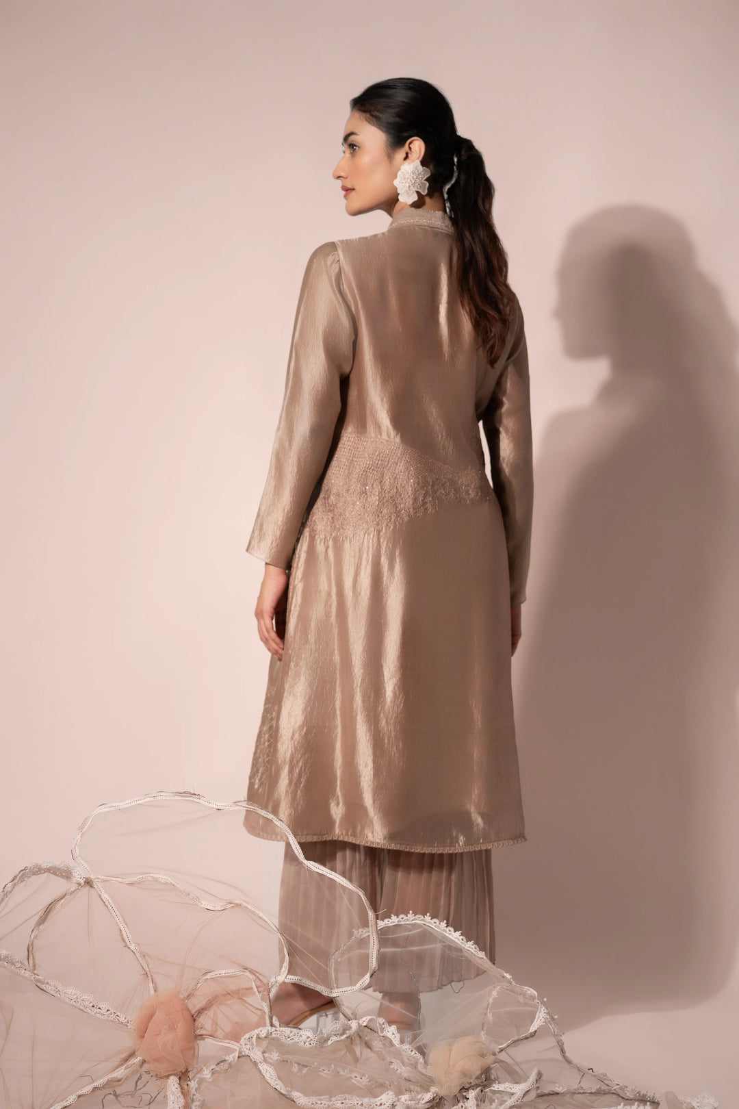 Beige WaveBorne Silk Collar Kurta With Pant