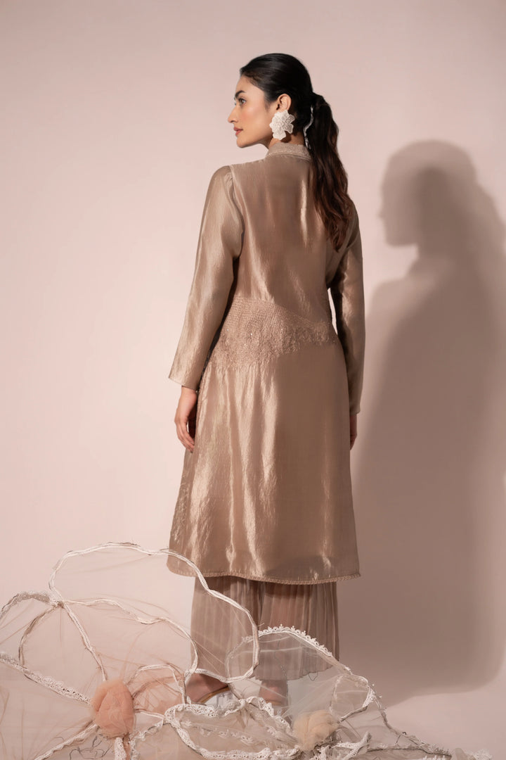 Beige WaveBorne Silk Collar Kurta With Pant