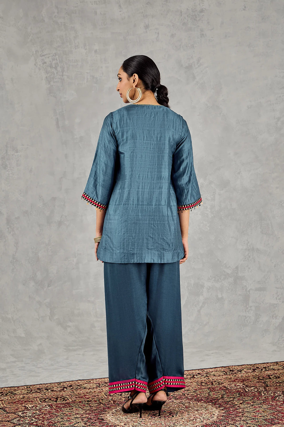 Blue Fish Patch Embroidery Short Tunic Set