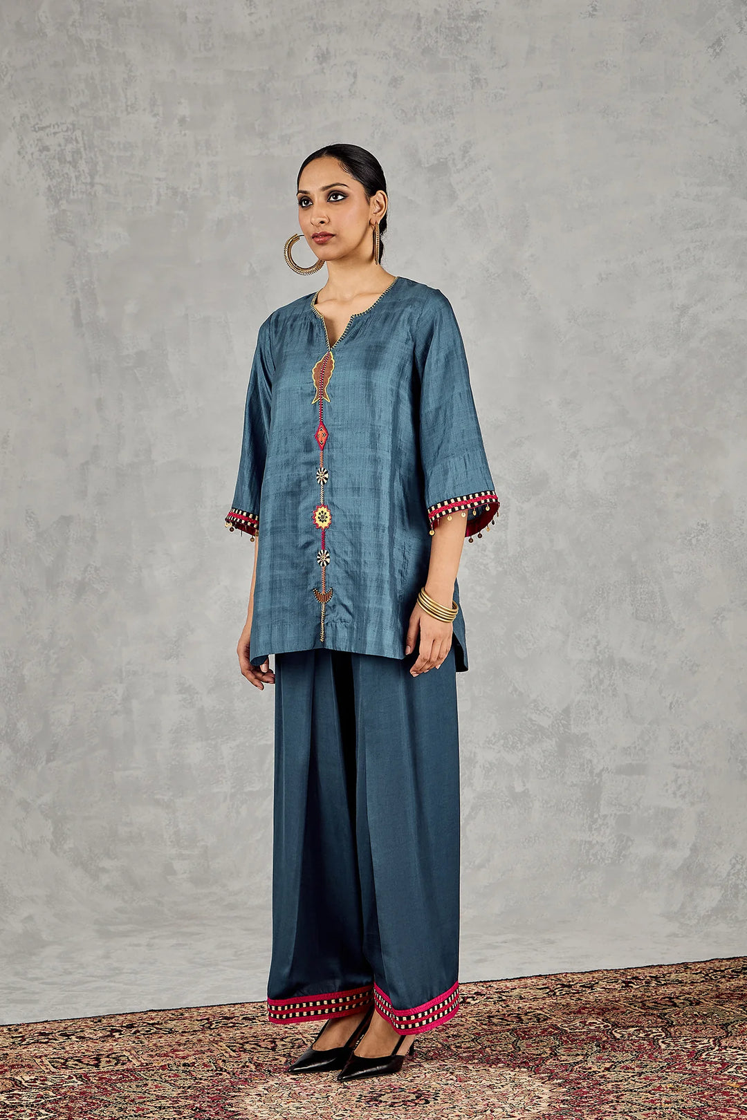 Blue Fish Patch Embroidery Short Tunic Set