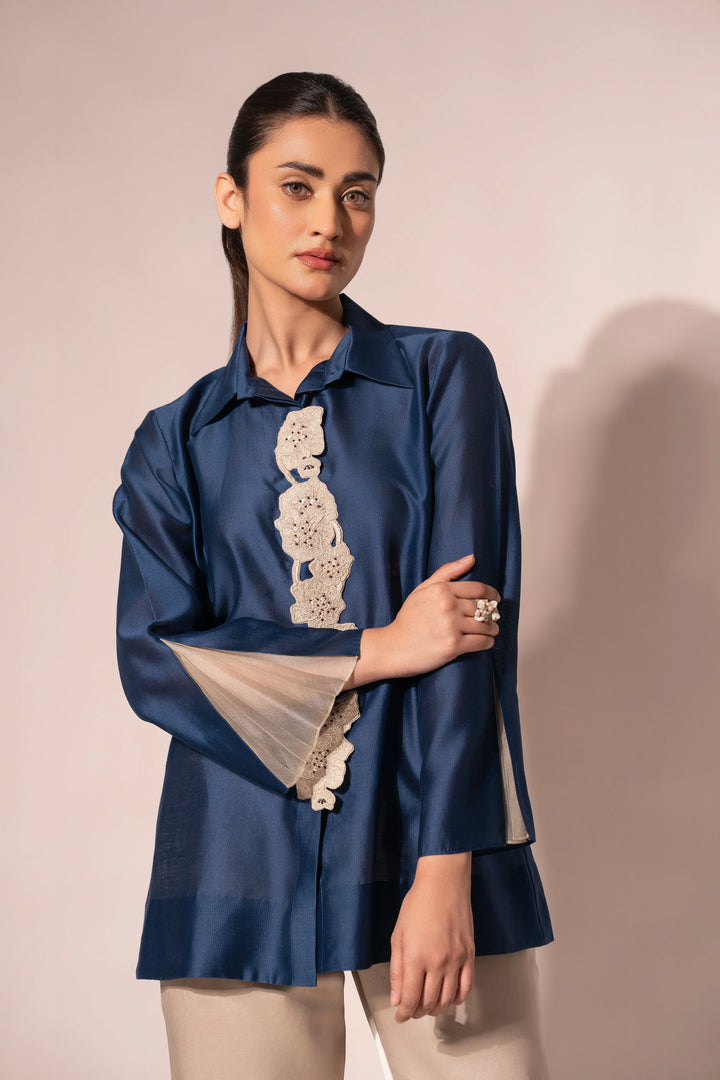 Blue Front Placket Chanderi Shirt