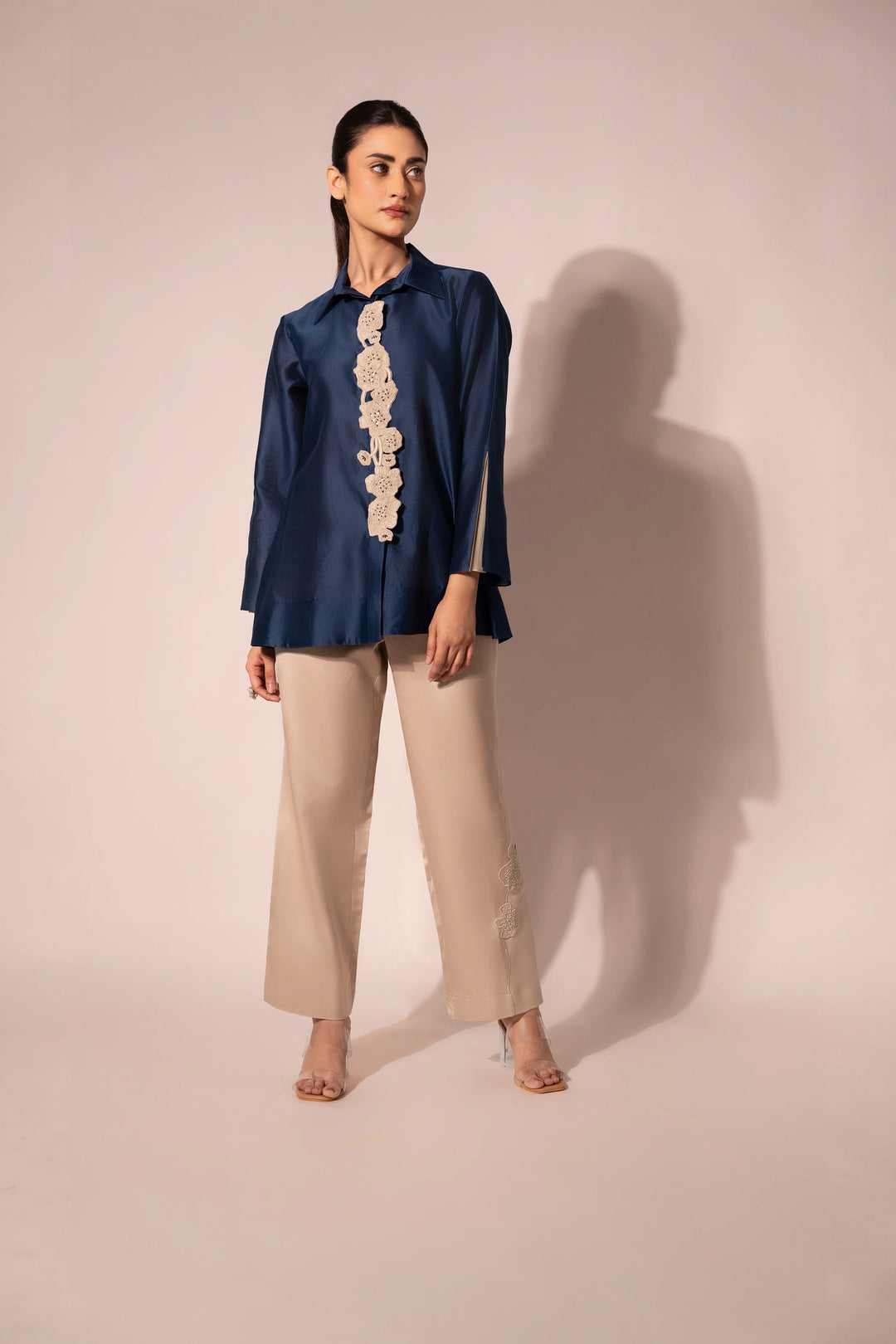 Blue Front Placket Chanderi Shirt
