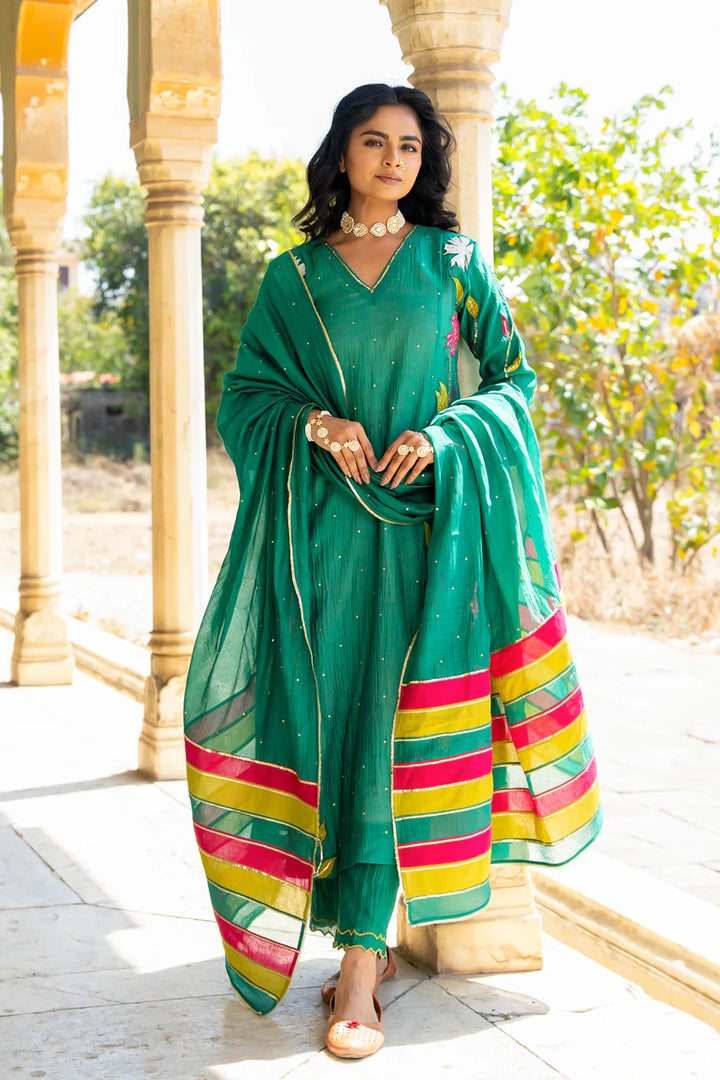 Bottle Green Appliqué Floral A-line Kurta Set