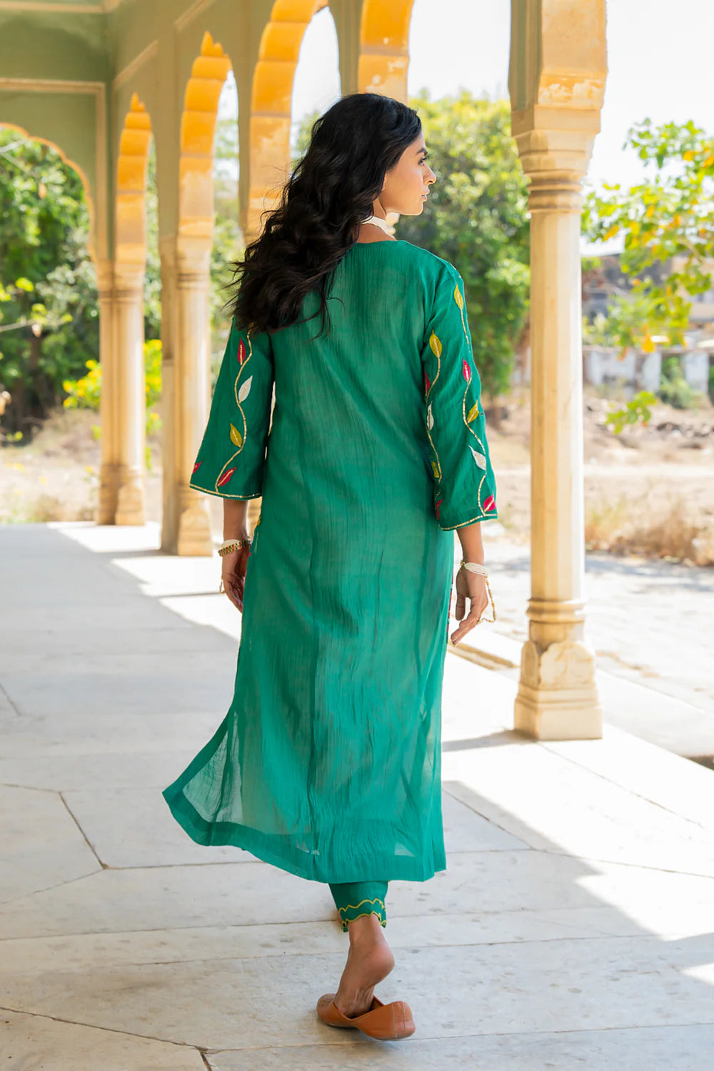 Bottle Green Appliqué Floral A-line Kurta Set