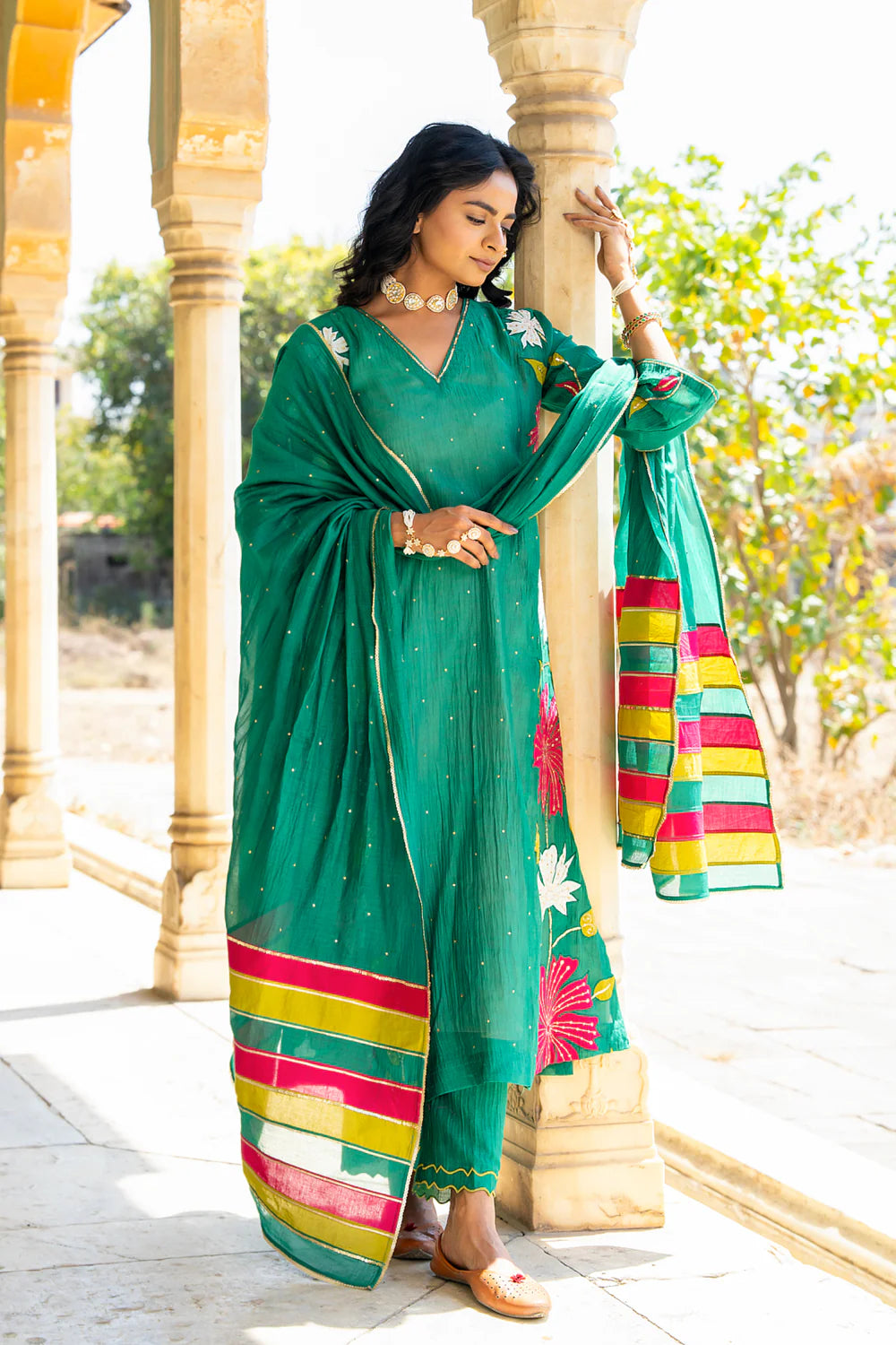 Bottle Green Appliqué Floral A-line Kurta Set