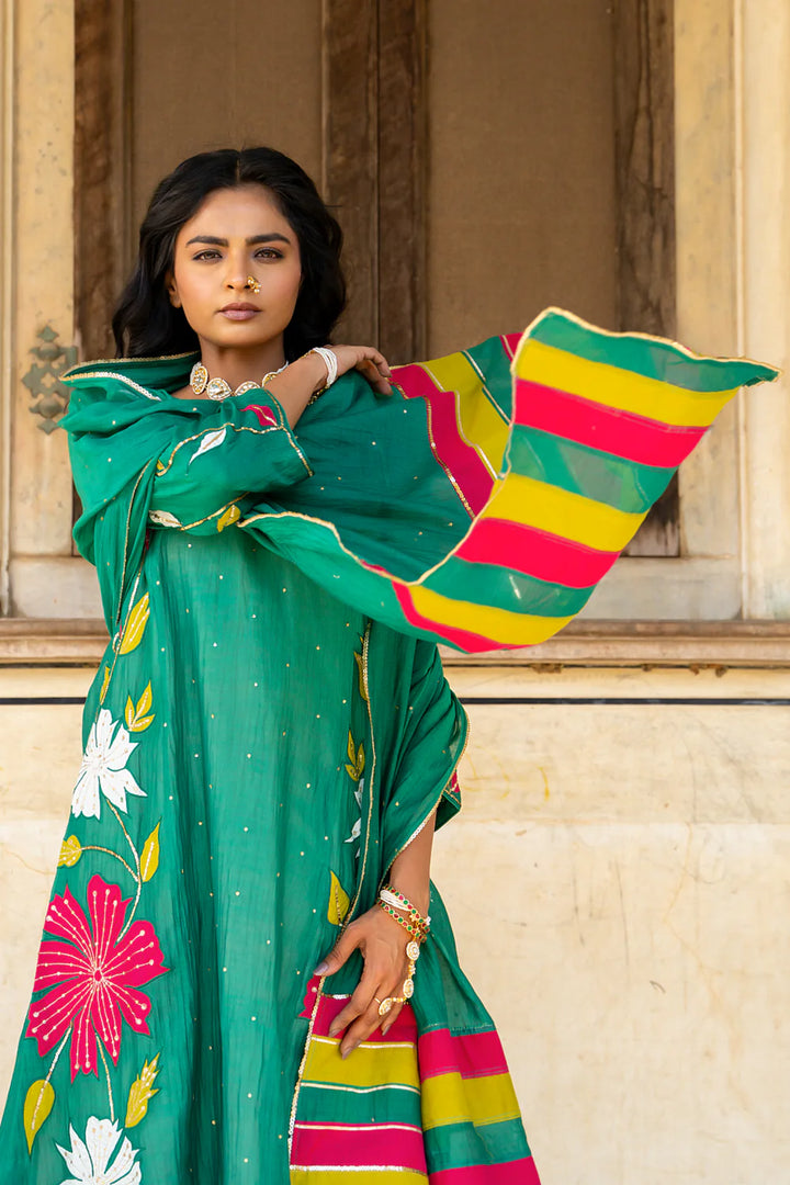 Bottle Green Appliqué Floral A-line Kurta Set