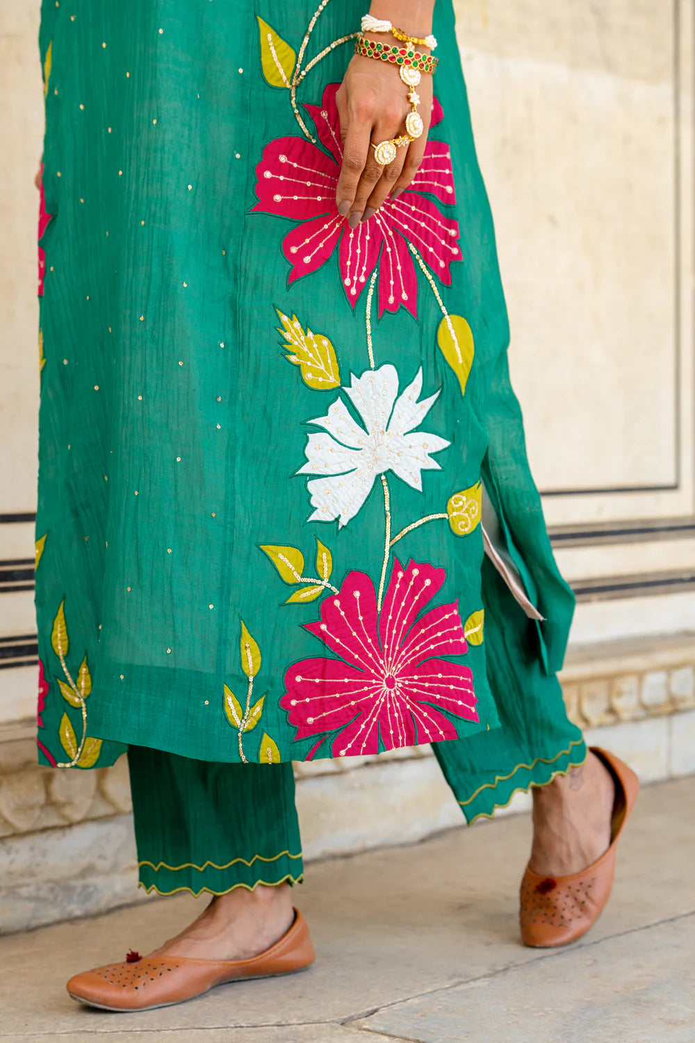 Bottle Green Appliqué Floral A-line Kurta Set