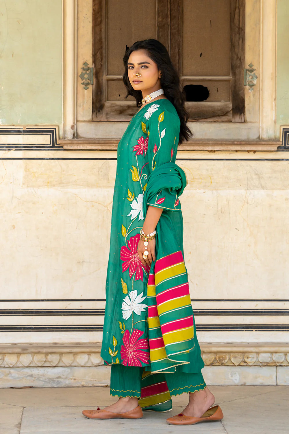 Bottle Green Appliqué Floral A-line Kurta Set