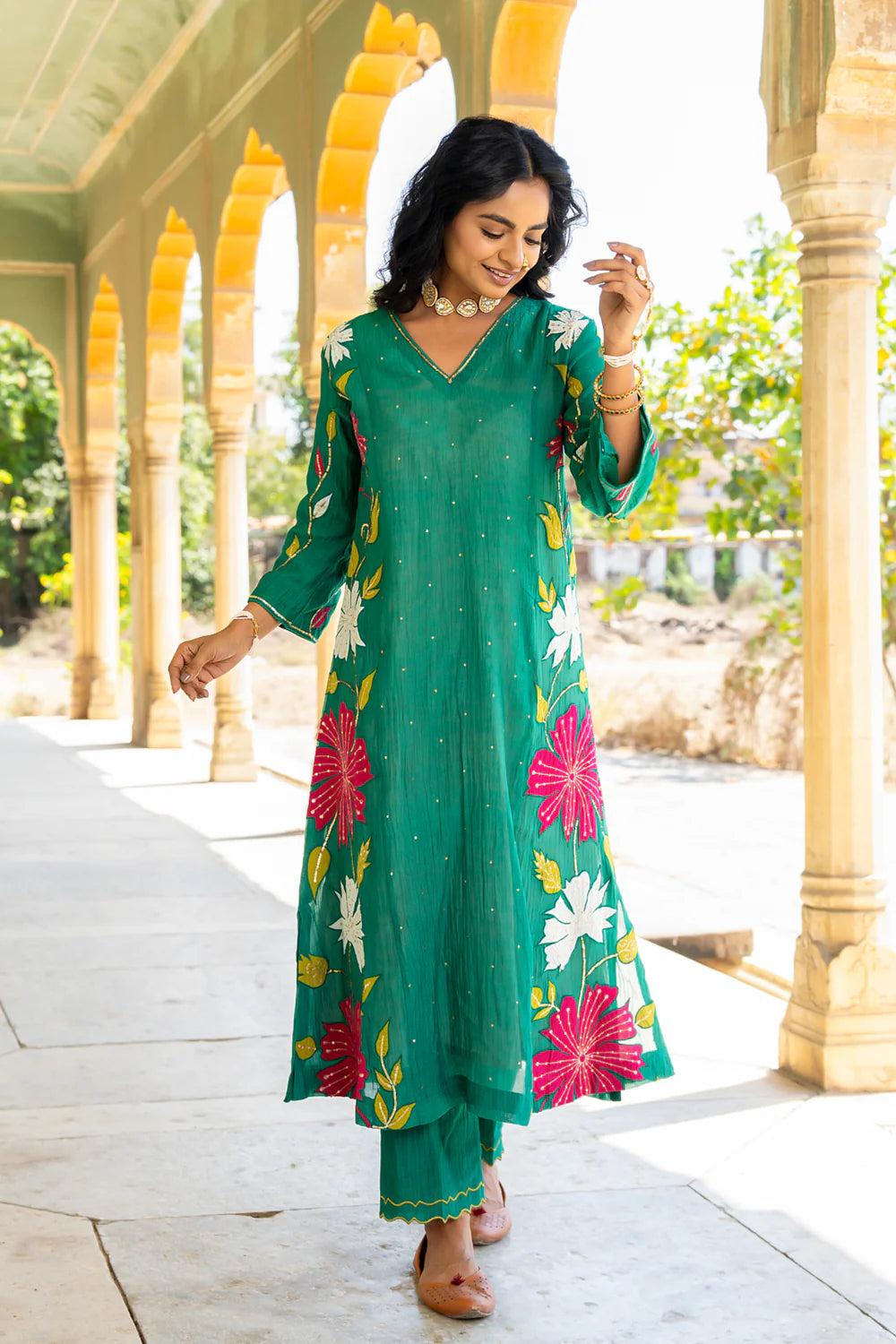 Bottle Green Appliqué Floral A-line Kurta Set