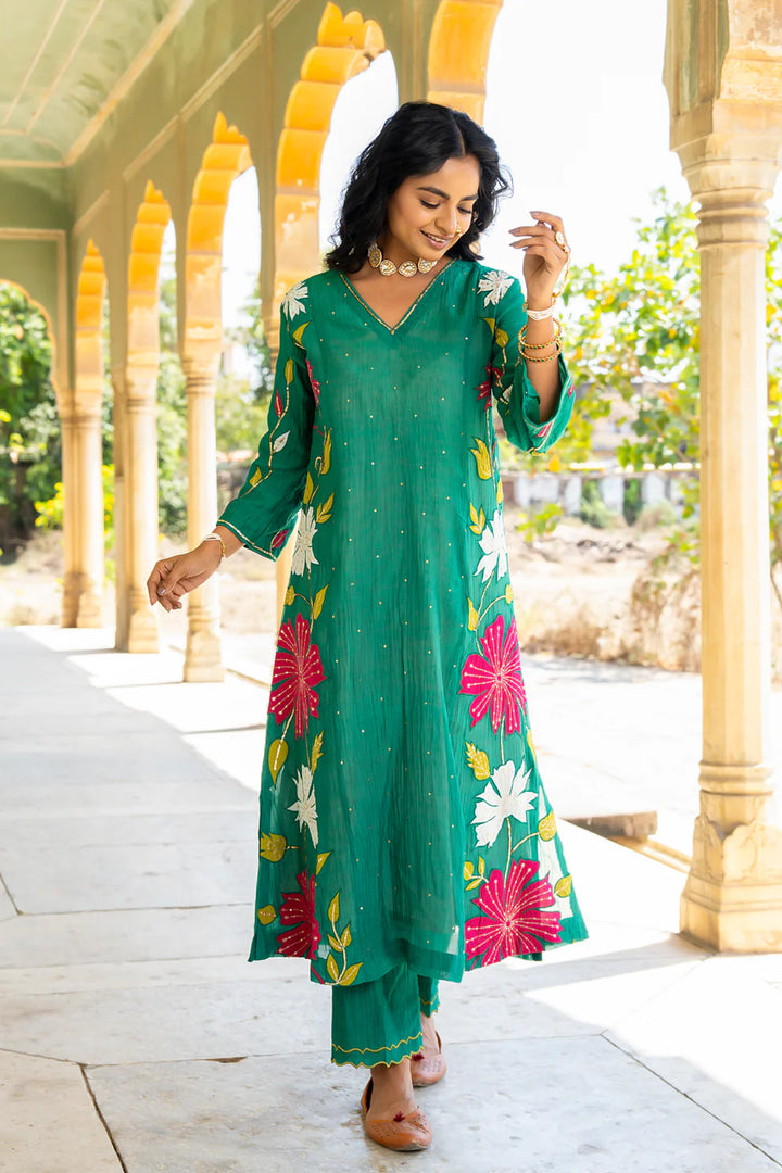 Bottle Green Appliqué Floral A-line Kurta Set