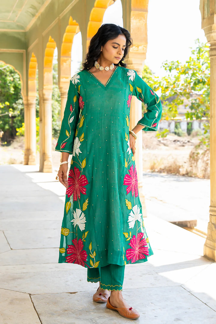 Bottle Green Appliqué Floral A-line Kurta Set