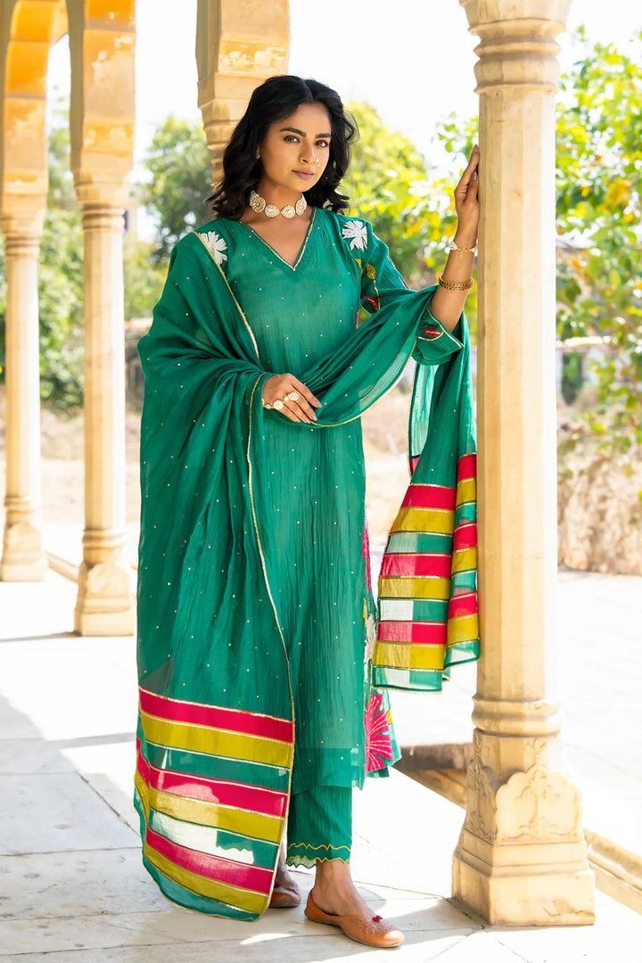 Bottle Green Appliqué Floral A-line Kurta Set