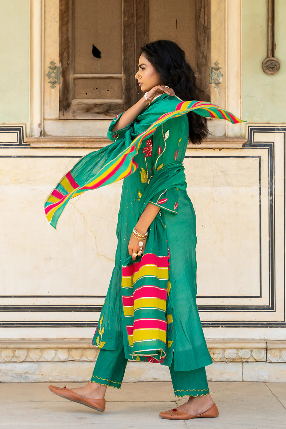 Bottle Green Appliqué Floral A-line Kurta Set
