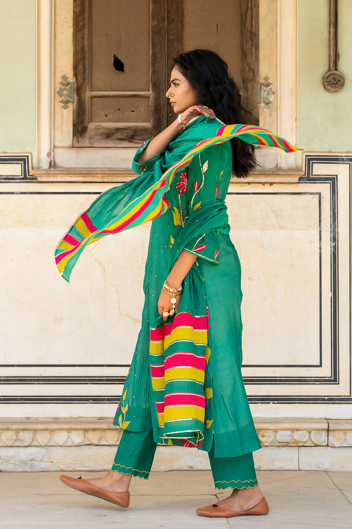 Bottle Green Appliqué Floral A-line Kurta Set