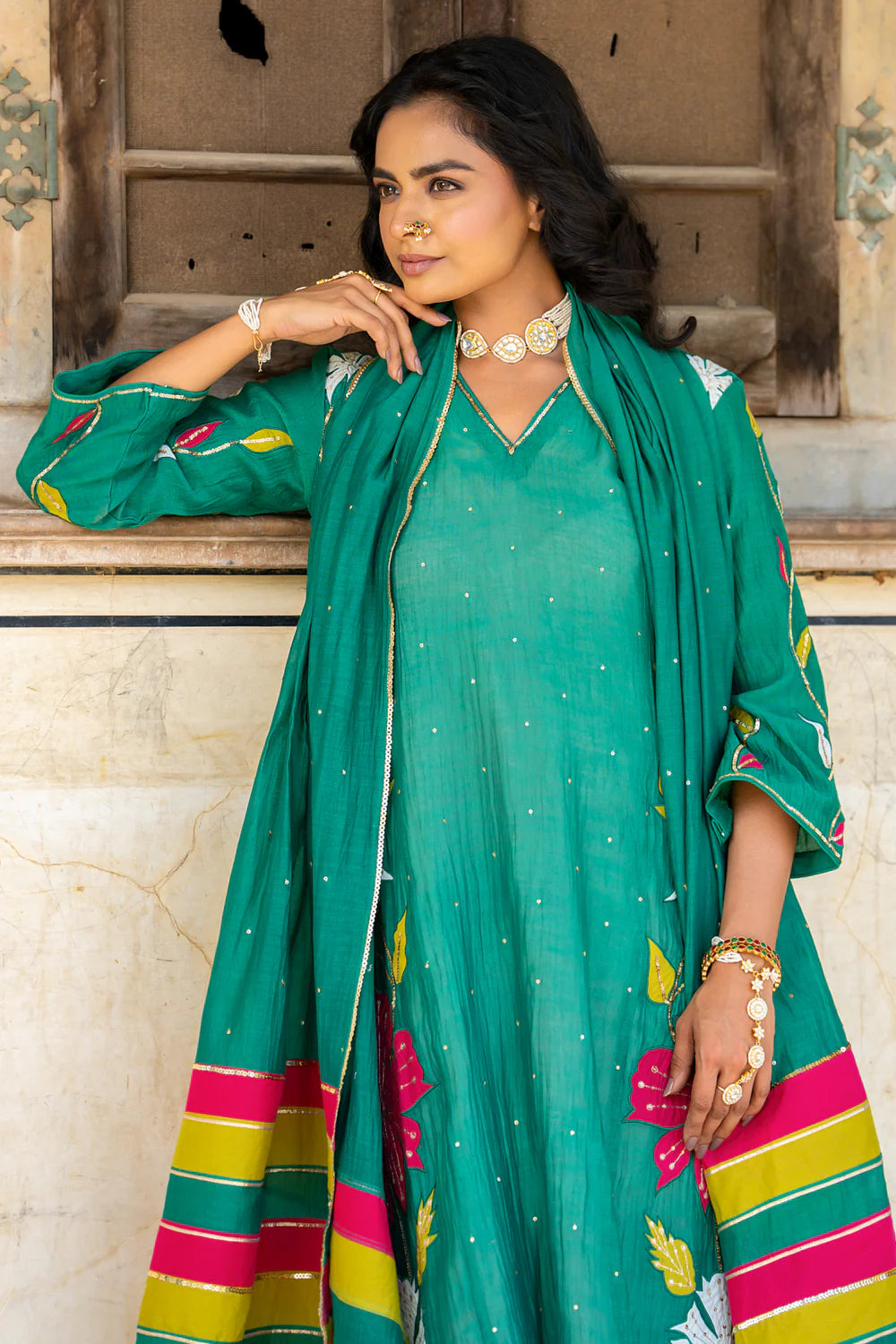 Bottle Green Appliqué Floral A-line Kurta Set