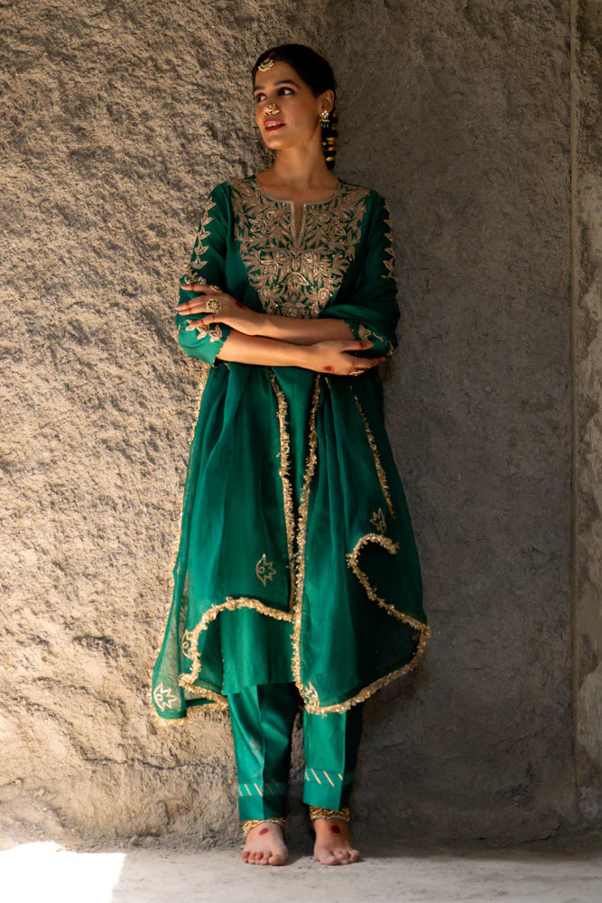 Bottle Green Marori Work Straight Kurta Set