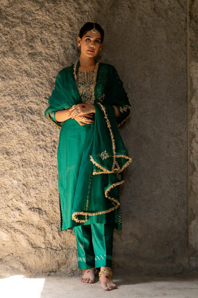 Bottle Green Marori Work Straight Kurta Set