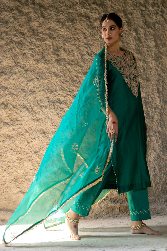 Bottle Green Marori Work Straight Kurta Set