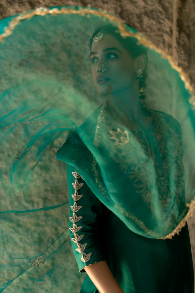 Bottle Green Marori Work Straight Kurta Set