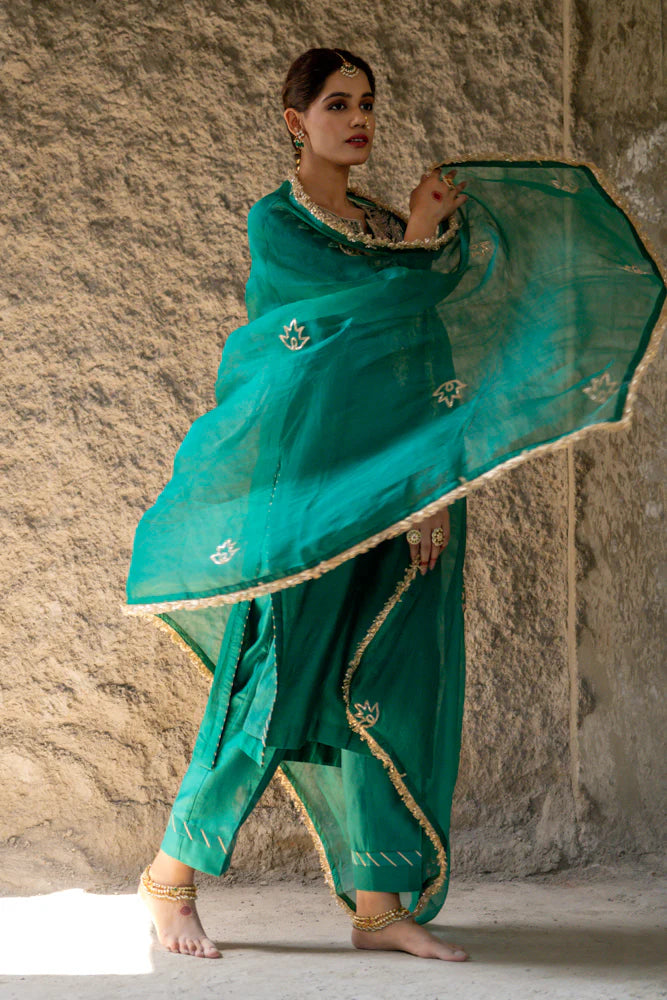 Bottle Green Marori Work Straight Kurta Set