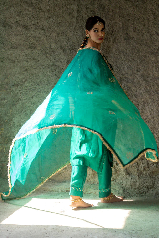 Bottle Green Marori Work Straight Kurta Set