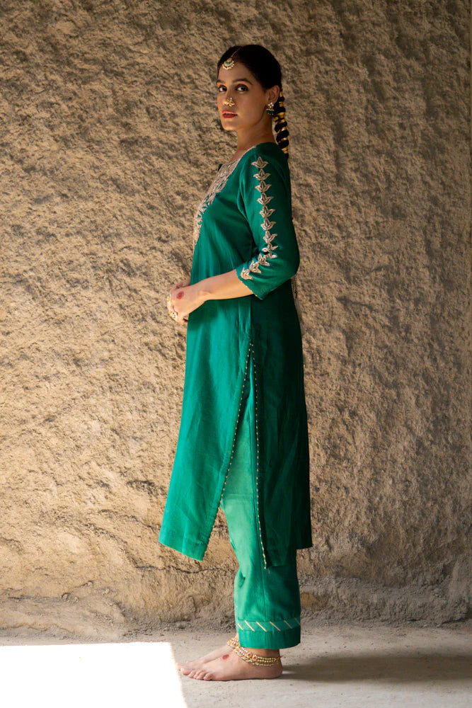 Bottle Green Marori Work Straight Kurta Set