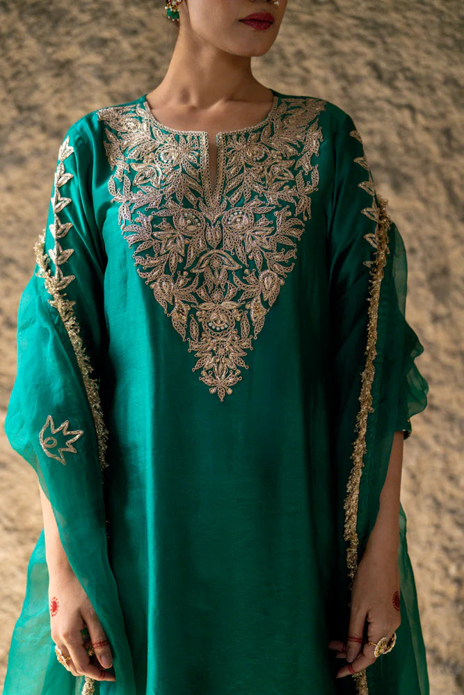 Bottle Green Marori Work Straight Kurta Set