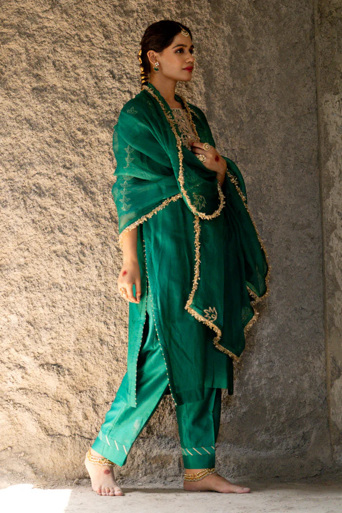 Bottle Green Marori Work Straight Kurta Set