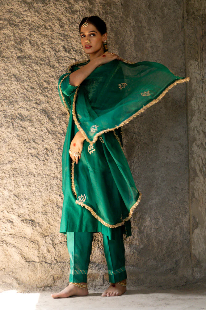 Bottle Green Marori Work Straight Kurta Set