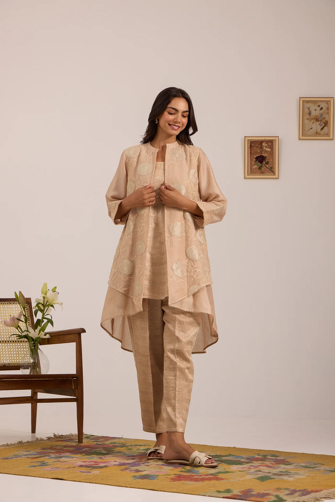 Beige High-Low Tissue Embroidered Chanderi Jacket Set with Tissue Inner and Pants